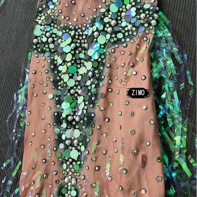 Emerald Green Rhinestone Sequin Mermaid Gown & Crown Stage Performance Costume Set
