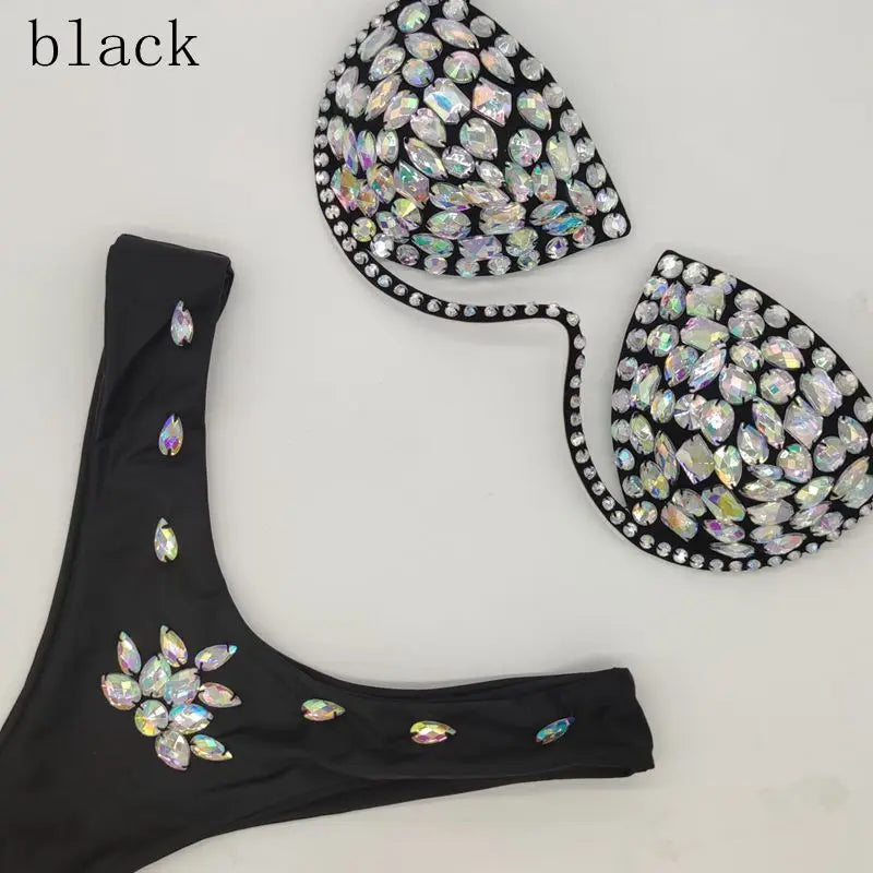 Luxury Rhinestone Performance Bikini Set – Shimmering Crystal Push-Up Stage Costume & Bling Two-Piece for GoGo Dancers, Festivals & Raves