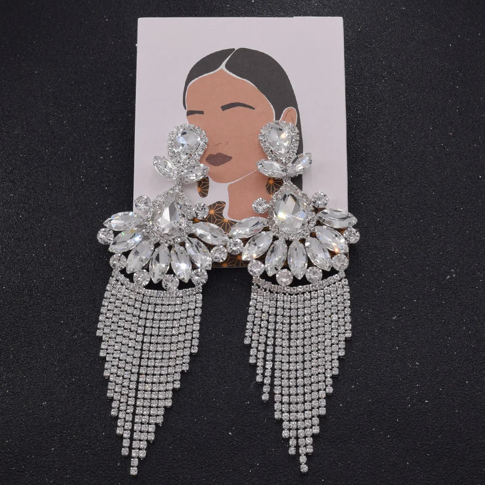 Sparkly Glass Crystal AB Tassel Drop Earrings Stage Performance Jewelry