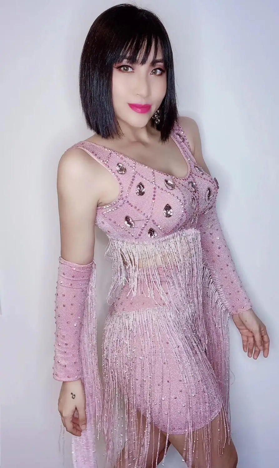 Pink Rhinestone Fringe Top, Skirt & Gloves Set