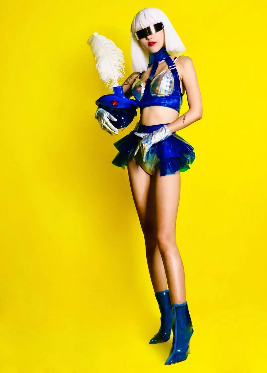 Holographic Silver Laser Bikini, Ruffle Skirt & Captain Hat 3-Piece Stage Costume Set