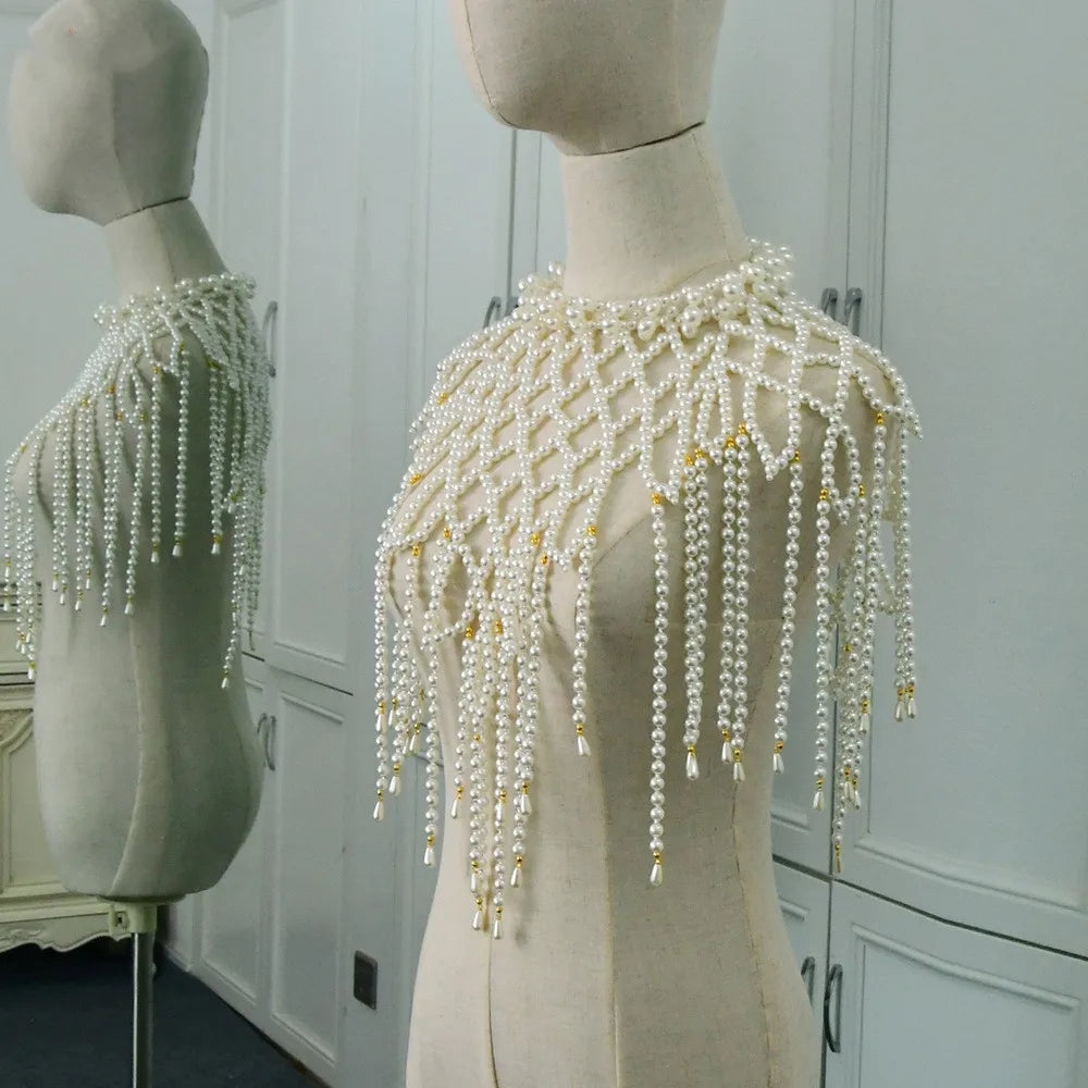 White Simulated Pearl Chest Wrap Chain