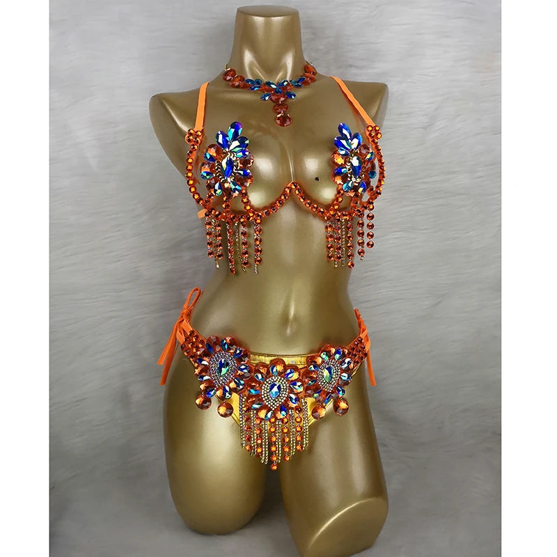 Sparkly Samba Carnival Stone Wire Bra, Belt & Necklace Three-Piece Costume Set