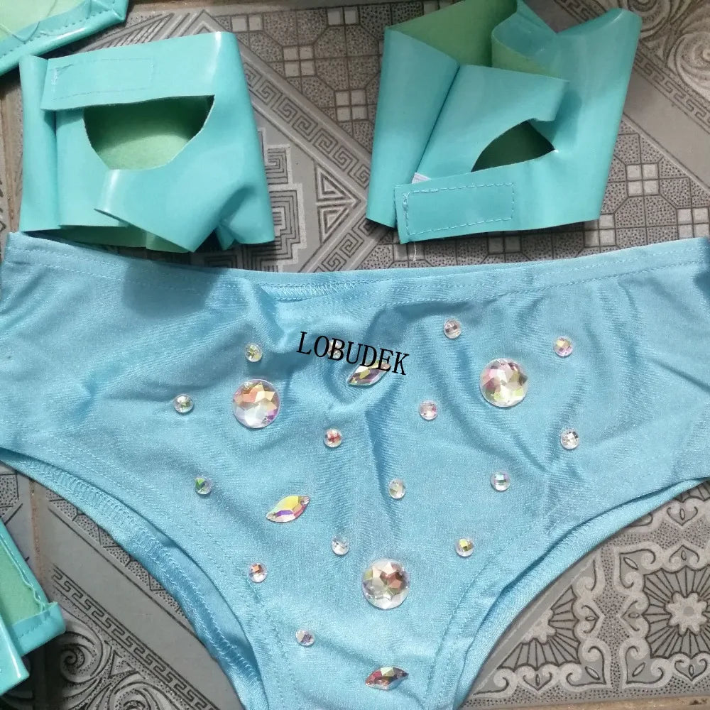 Sky Blue Armor Crop Top, Flared Skirt, Hat & Wrist Cuffs 4-Piece Stage Costume Set
