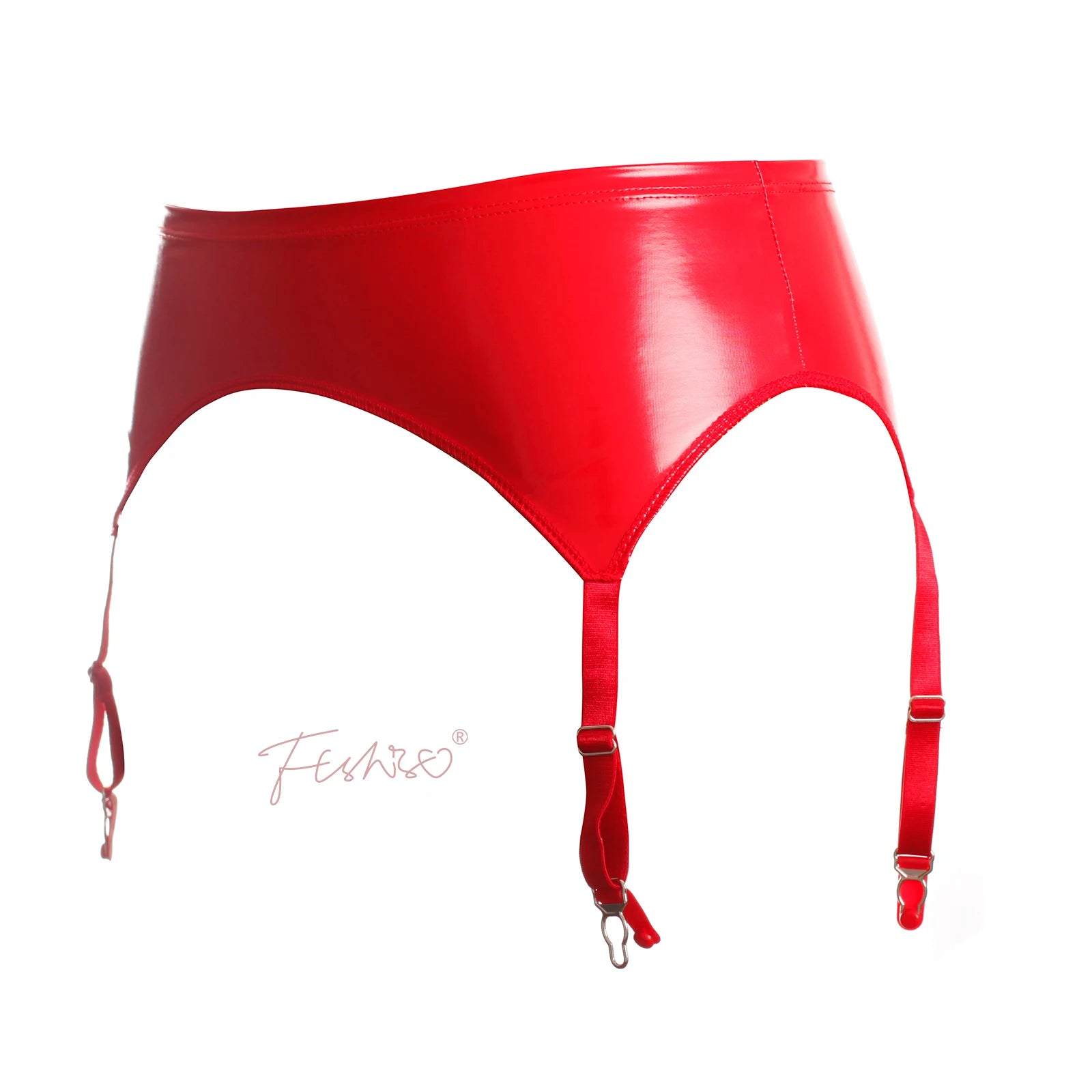 Glossy Faux Leather Mid-Waist Garter Belt with Metal Buckle Suspenders