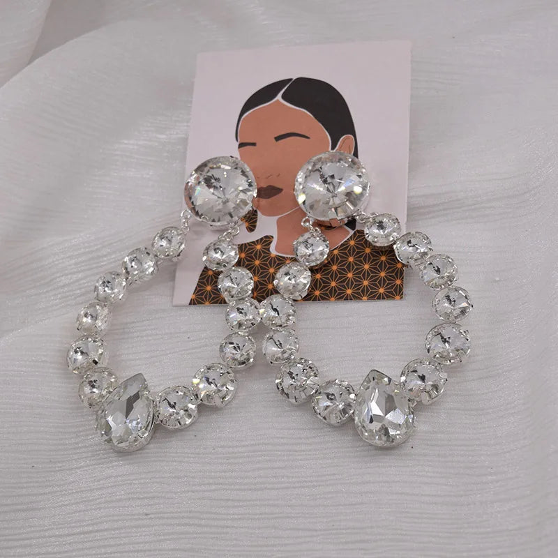 Sparkly Glass Crystal Oval Statement Drop Earrings Drag Queen Stage Jewelry