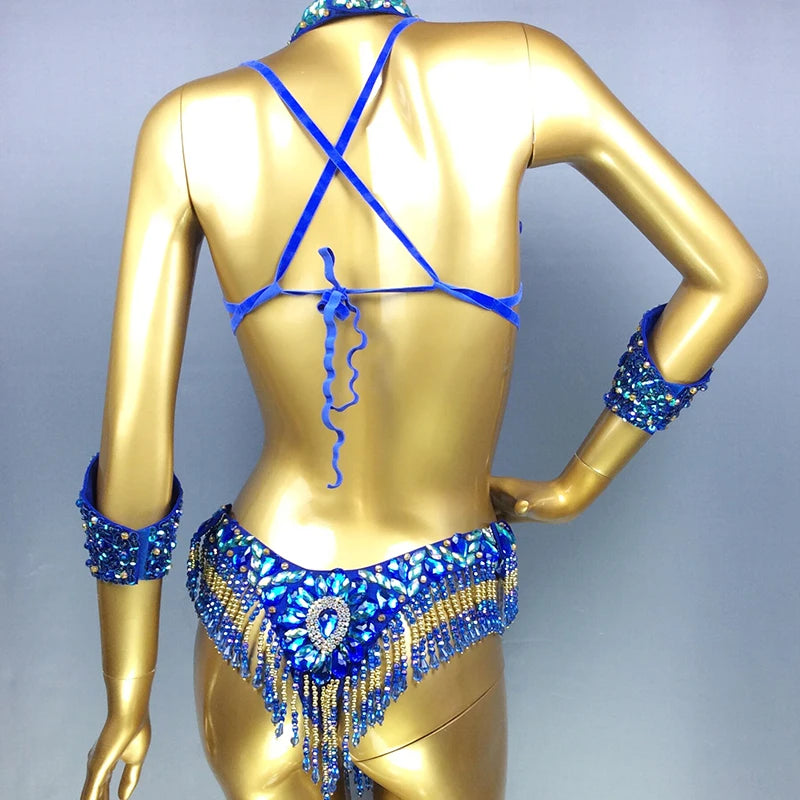 Handmade Beaded Samba Carnival Bra, Thong & Jewelry 5-Piece Stage Costume Set