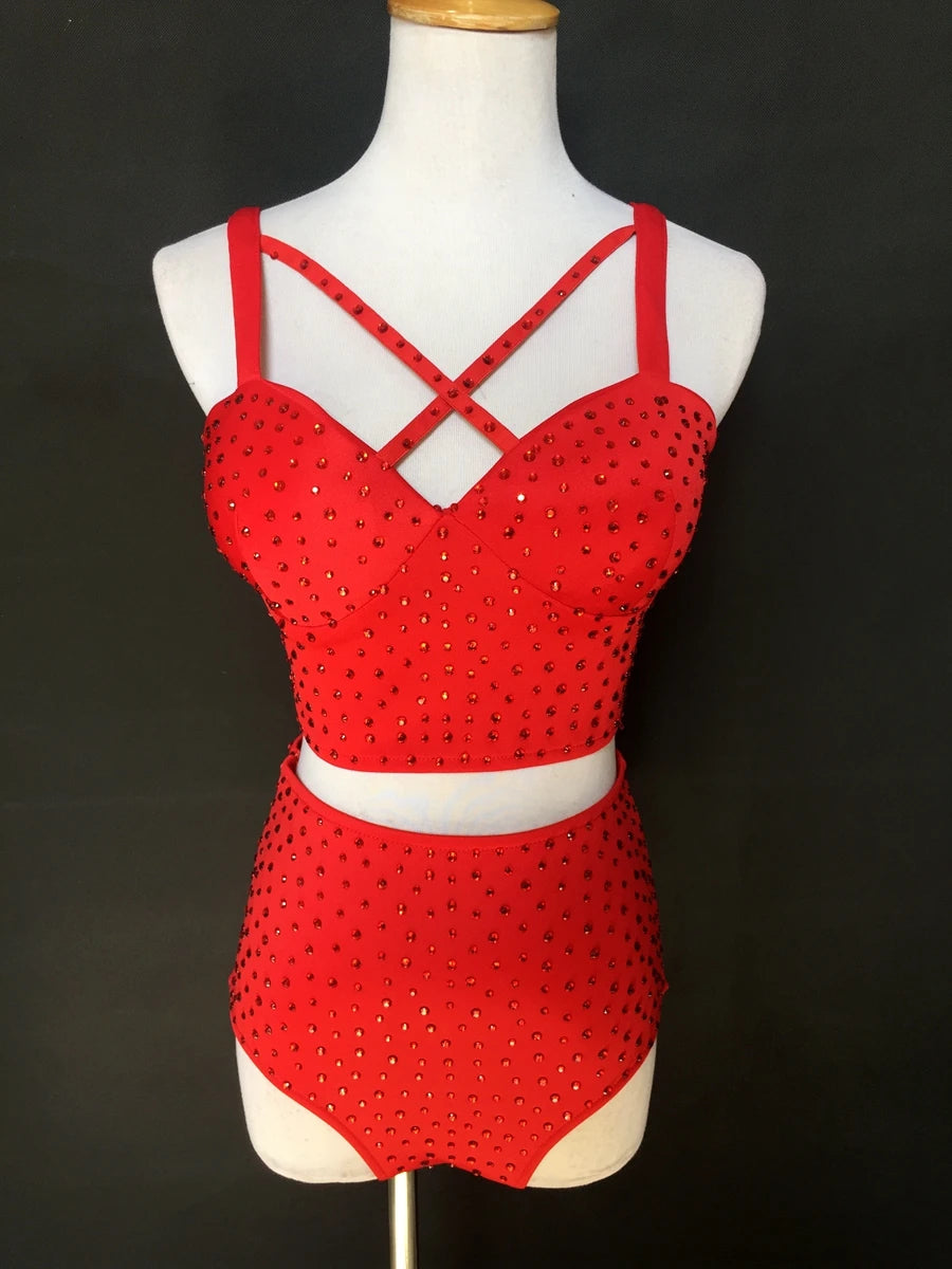 Sparkly Rhinestone Crop Top & High-Waisted Shorts Two-Piece Dance Costume Set