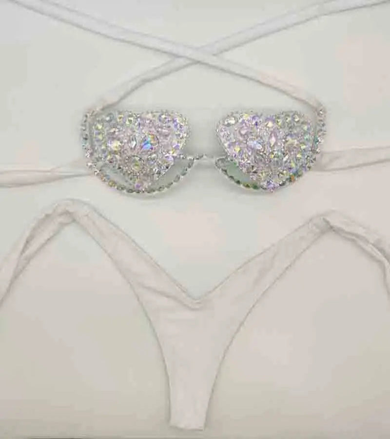 The Venus Vacation Deep-V Bikini – Luxe Rhinestone Embellished Showgirl Swim Set