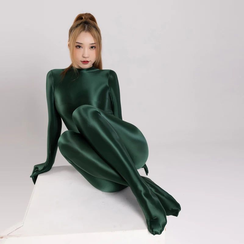 Silky Oil Glossy Long Sleeve Thong Bodysuit Full-Length Shaping Jumpsuit