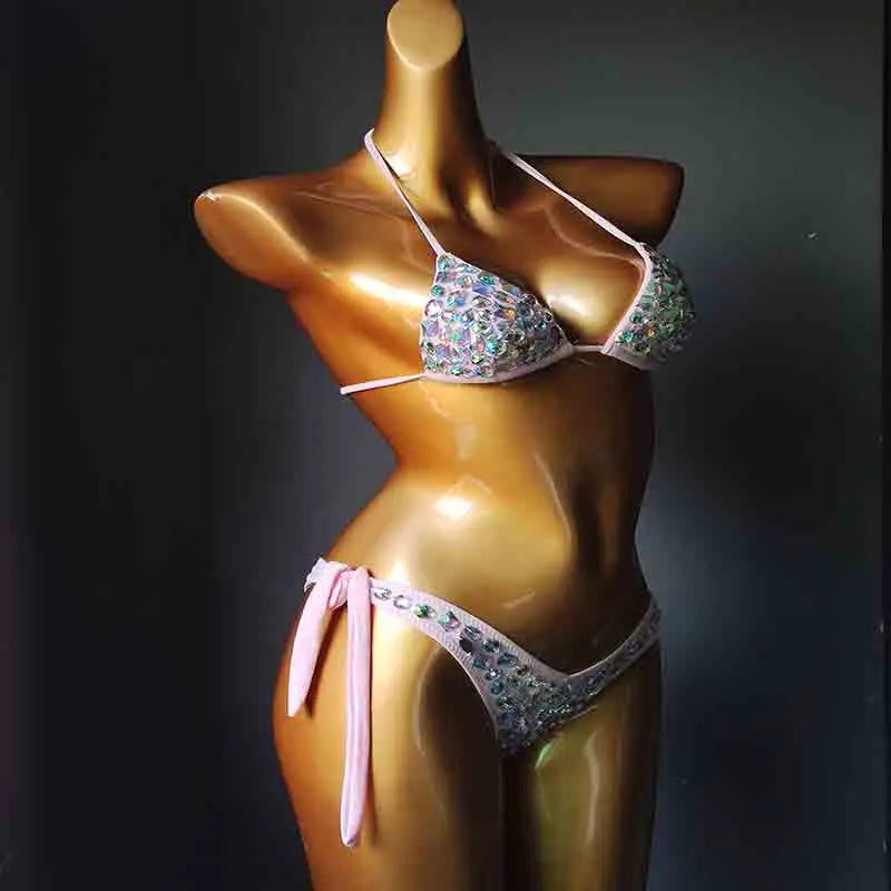 Cut-Out Rhinestone Bandage Bikini Set – Shimmering Crystal Push-Up Swimsuit & Open-Front Bling Bathing Suit for Raves & Festivals