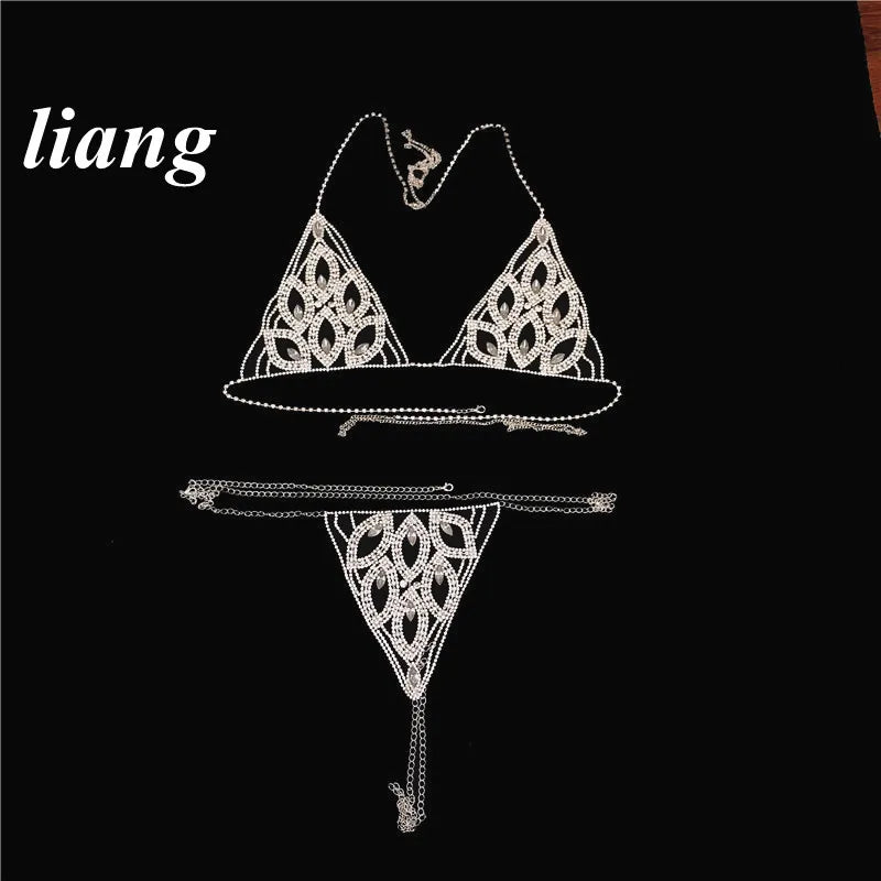 Rhinestone Leaf Bra & Thong Body Chain