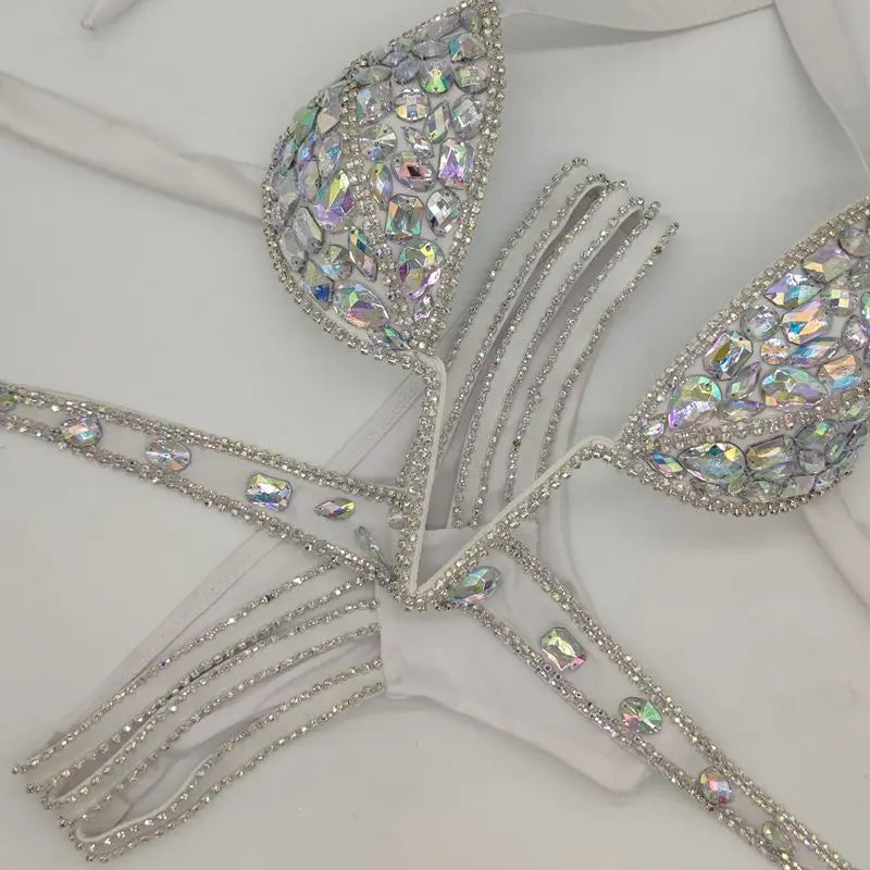 3-Piece Crystal Harness & Sheer Costume Set – Luxury Rhinestone Crop Top, Skirt & Wrap Set for Festivals, Raves & Stage Outfits