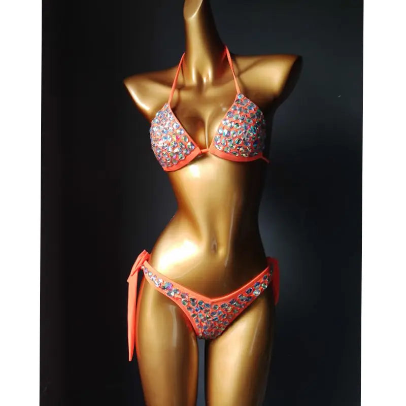 Cut-Out Rhinestone Bandage Bikini Set – Shimmering Crystal Push-Up Swimsuit & Open-Front Bling Bathing Suit for Raves & Festivals
