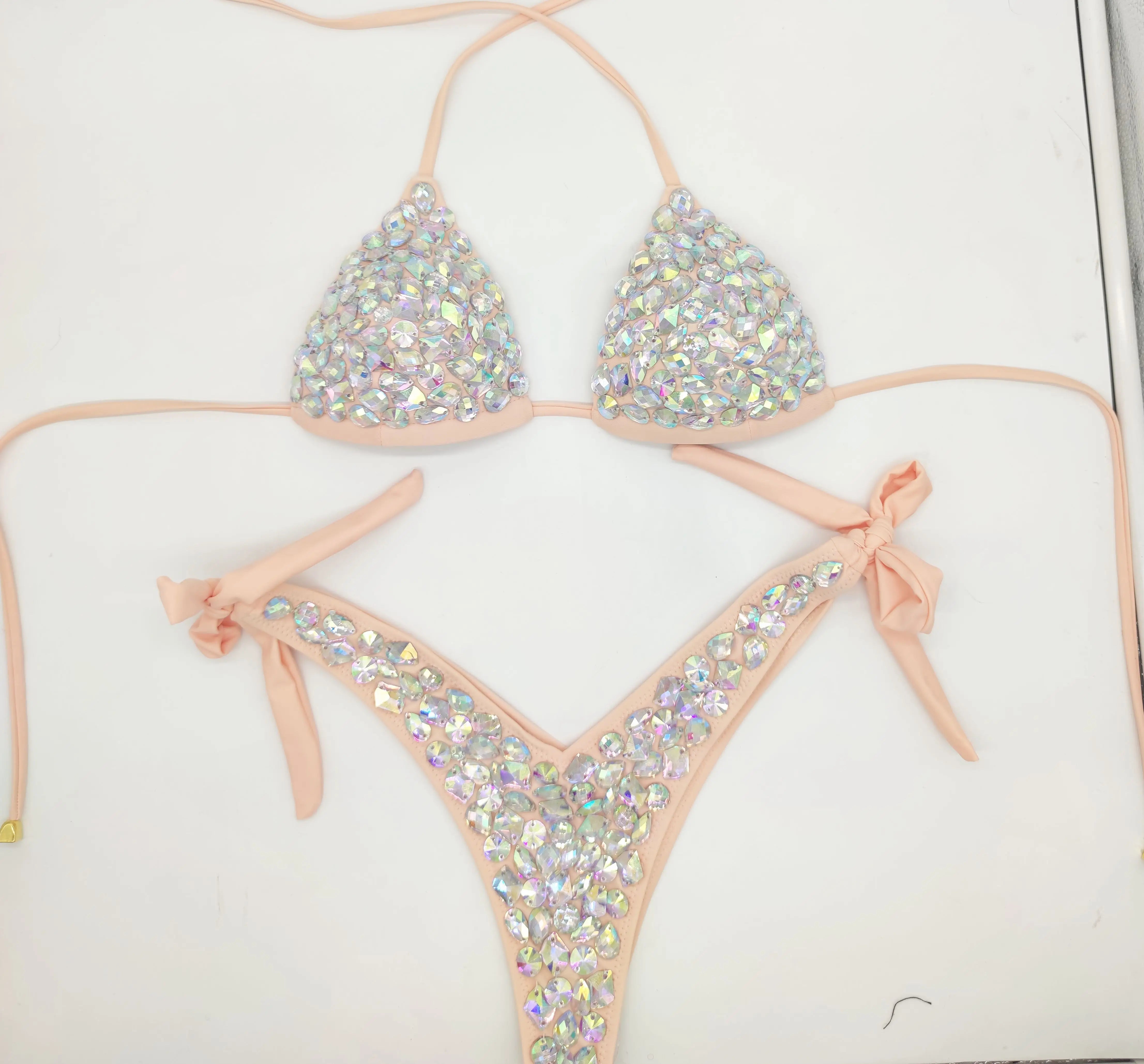 Cut-Out Rhinestone Bandage Bikini Set – Shimmering Crystal Push-Up Swimsuit & Open-Front Bling Bathing Suit for Raves & Festivals