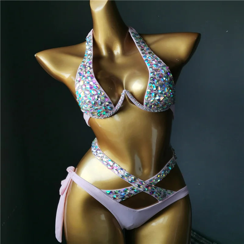 The Venus Vacation High-Waist Bikini – Classic Diamond Rhinestone Showgirl Set