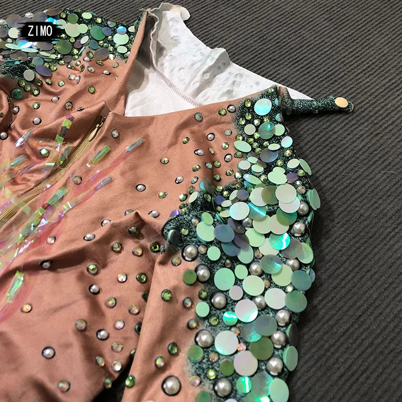 Emerald Green Rhinestone Sequin Mermaid Gown & Crown Stage Performance Costume Set