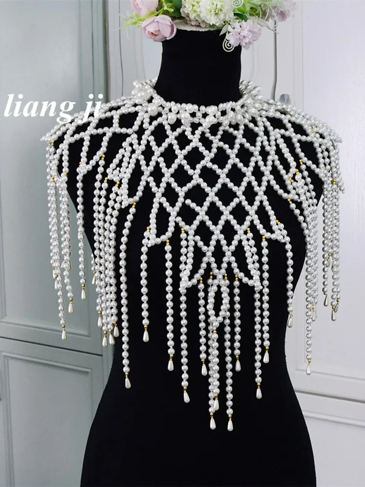 White Simulated Pearl Chest Wrap Chain