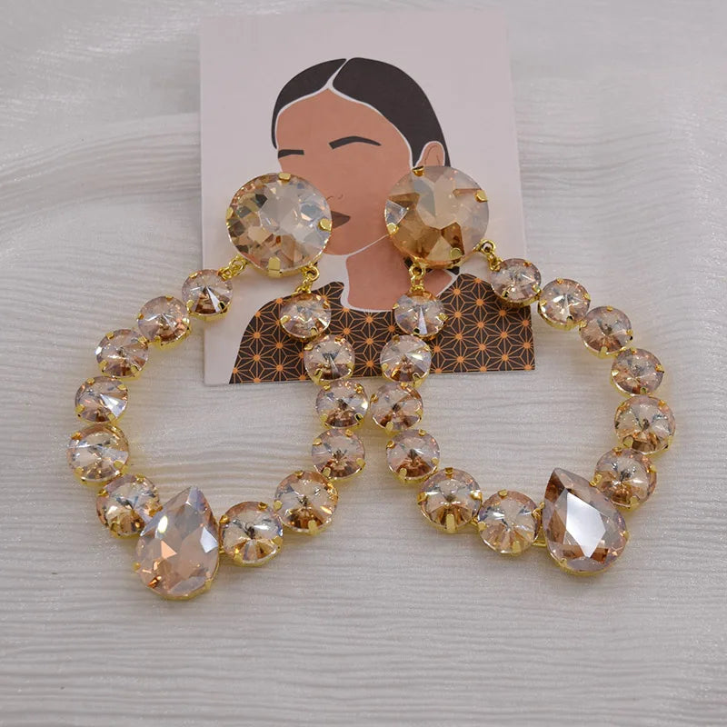 Sparkly Glass Crystal Oval Statement Drop Earrings Drag Queen Stage Jewelry