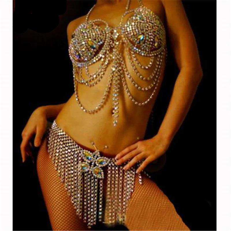 Dazzling Crystal Bra Chain & Catwalk Tassel Body Jewelry Set