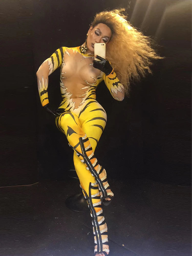 Tiger Print Rhinestone Catsuit Long Sleeve Fierce Animal Stage Performance Jumpsuit