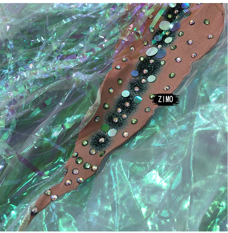 Emerald Green Rhinestone Sequin Mermaid Gown & Crown Stage Performance Costume Set