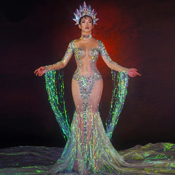 Emerald Green Rhinestone Sequin Mermaid Gown & Crown Stage Performance Costume Set