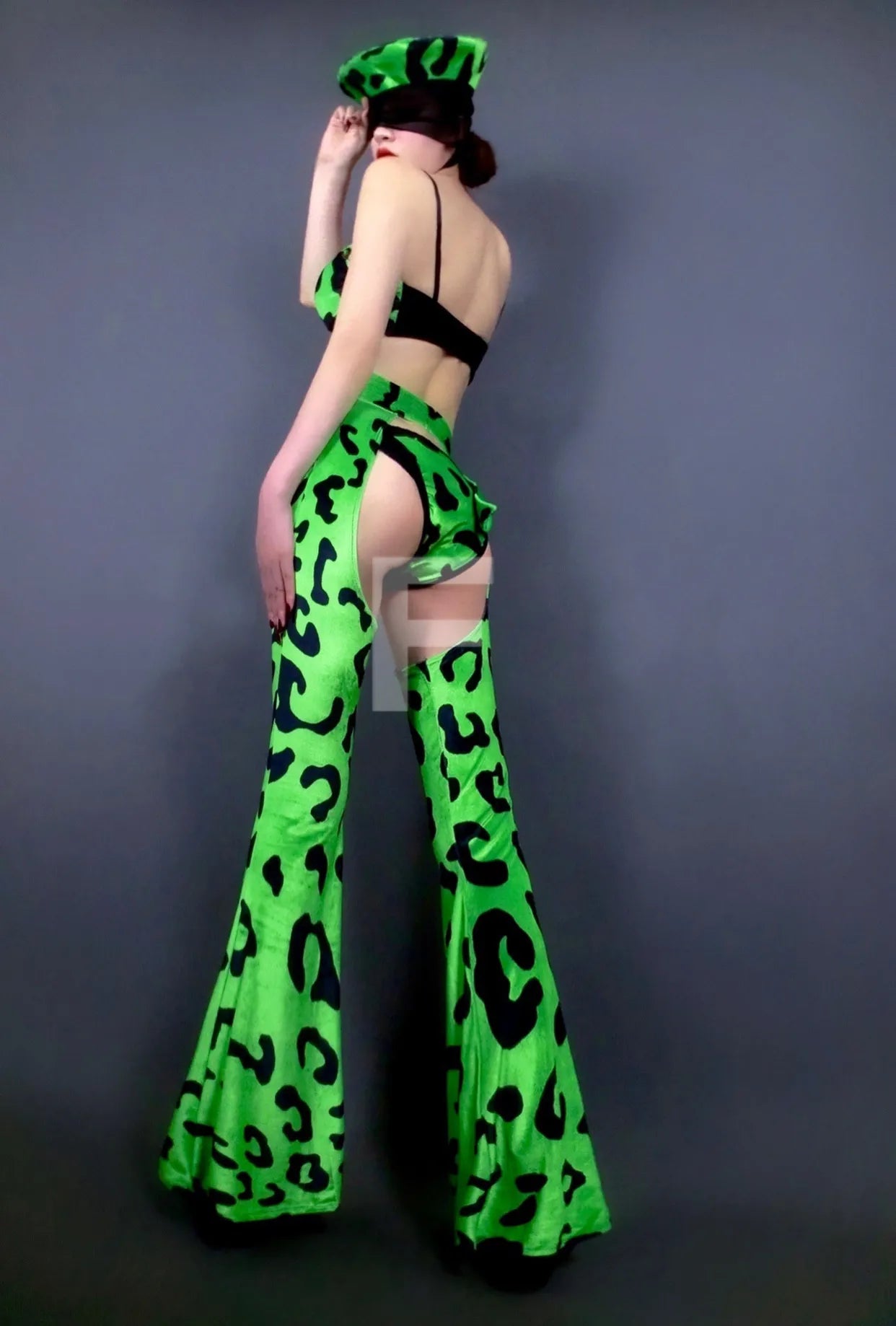 Neon Green Leopard Bikini Top, Wide-Leg Chaps Pants & Hat 4-Piece Stage Dance Costume Set