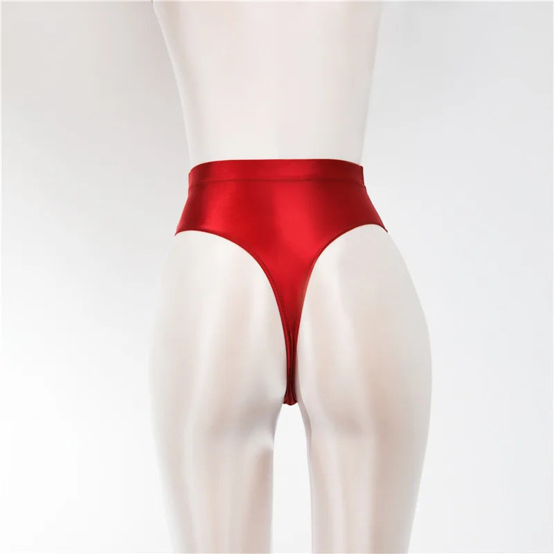 Sexy Shiny High Waist G-string Sheer See Through Sexy Brief Candy Color T-Back Oil Thong UnderWear Satin Glossy Femme Tight