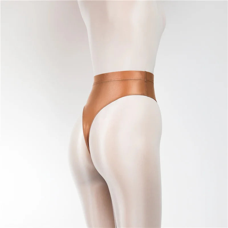 Sexy Shiny High Waist G-string Sheer See Through Sexy Brief Candy Color T-Back Oil Thong UnderWear Satin Glossy Femme Tight