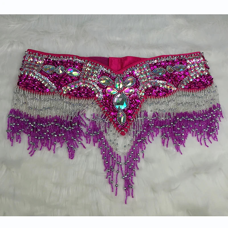 Sparkly Sequin Belly Dance Hip Scarf Wrap Belt with Beaded Tassel Waist Chain