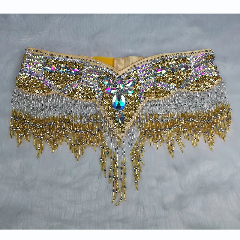 Sparkly Sequin Belly Dance Hip Scarf Wrap Belt with Beaded Tassel Waist Chain