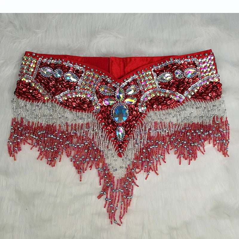 Sparkly Sequin Belly Dance Hip Scarf Wrap Belt with Beaded Tassel Waist Chain