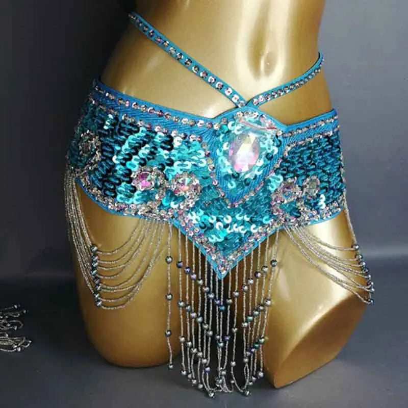 Sparkly Sequin Belly Dance Hip Scarf Wrap Belt with Beaded Tassel Waist Chain