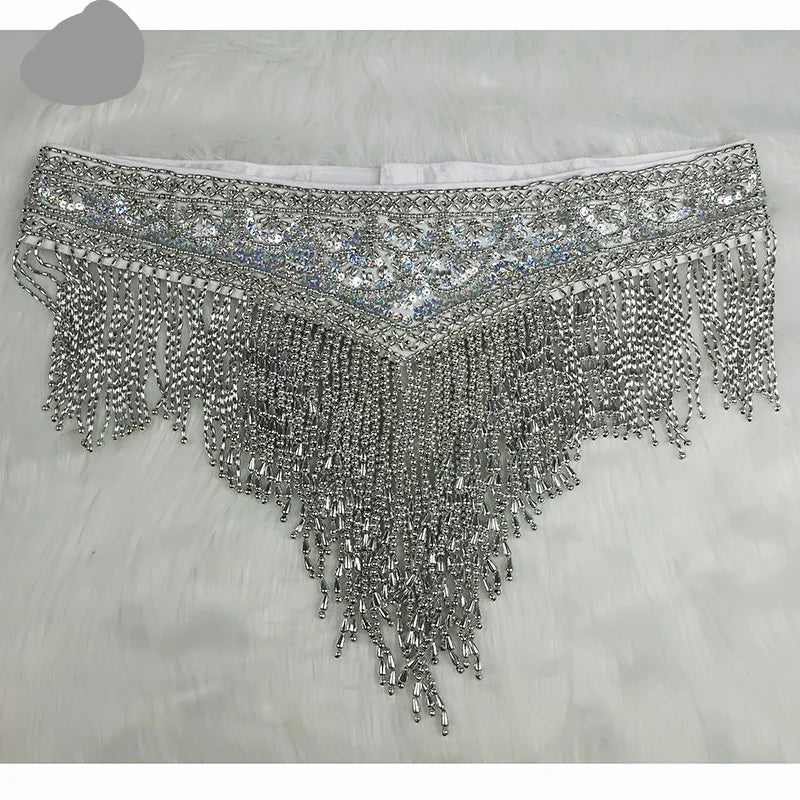 Sparkly Sequin Belly Dance Hip Scarf Wrap Belt with Beaded Tassel Waist Chain