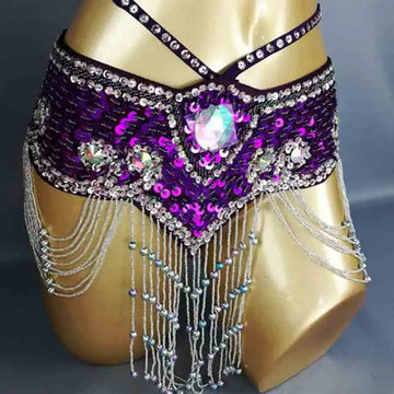 Sparkly Sequin Belly Dance Hip Scarf Wrap Belt with Beaded Tassel Waist Chain