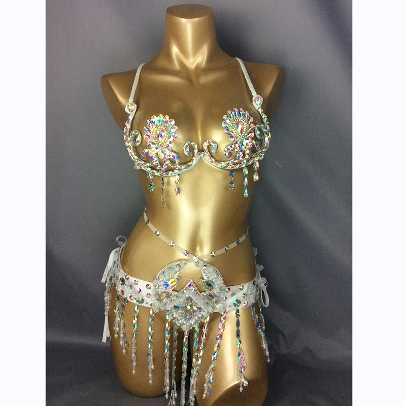 Sparkly Samba Carnival Rainbow Stone Wire Bra & Belt Two-Piece Costume Set
