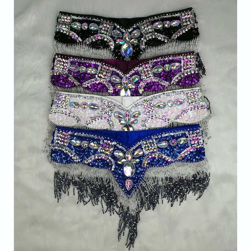 Sparkly Sequin Belly Dance Hip Scarf Wrap Belt with Beaded Tassel Waist Chain
