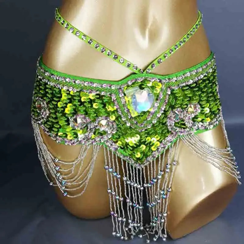 Sparkly Sequin Belly Dance Hip Scarf Wrap Belt with Beaded Tassel Waist Chain