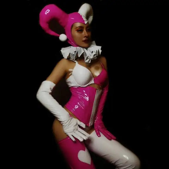 Pink Faux Leather Bikini, Furry Horns & Thigh-High Leg Covers 4-Piece Cosplay Stage Costume Set