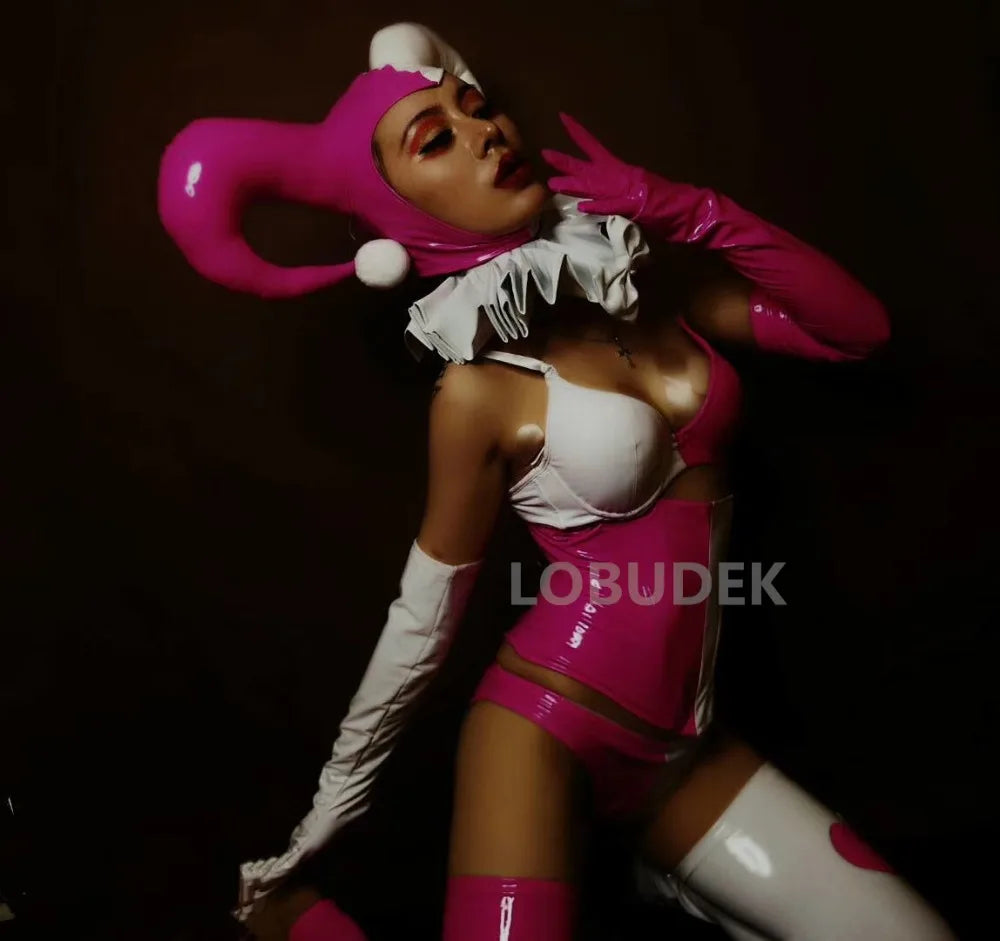 Pink Faux Leather Bikini, Furry Horns & Thigh-High Leg Covers 4-Piece Cosplay Stage Costume Set