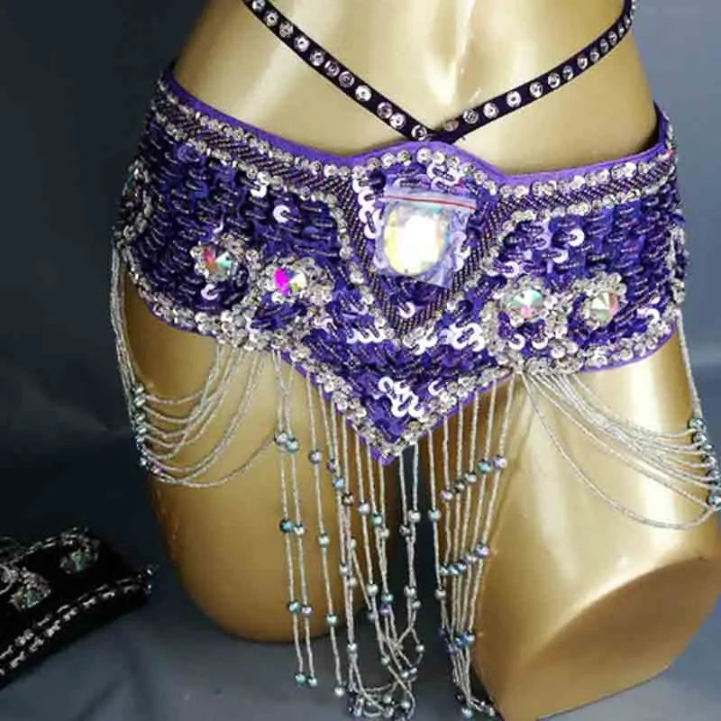 Sparkly Sequin Belly Dance Hip Scarf Wrap Belt with Beaded Tassel Waist Chain