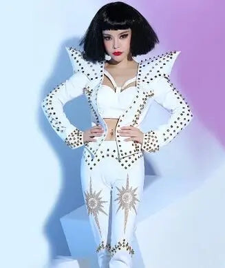 White Studded Punk Rivet Crop Jacket & Pants 2-Piece Singer Stage Costume Set