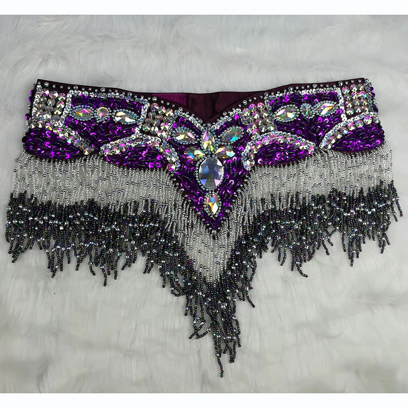 Sparkly Sequin Belly Dance Hip Scarf Wrap Belt with Beaded Tassel Waist Chain
