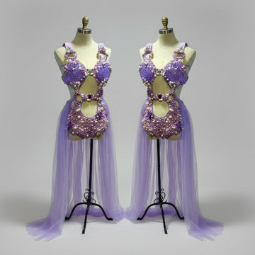 Purple Pearl Shell Crystal Bodysuit & Sheer Skirt 3-Piece Ocean Stage Costume Set