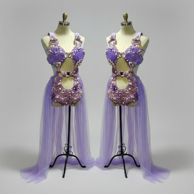 Purple Pearl Shell Crystal Bodysuit & Sheer Skirt 3-Piece Ocean Stage Costume Set