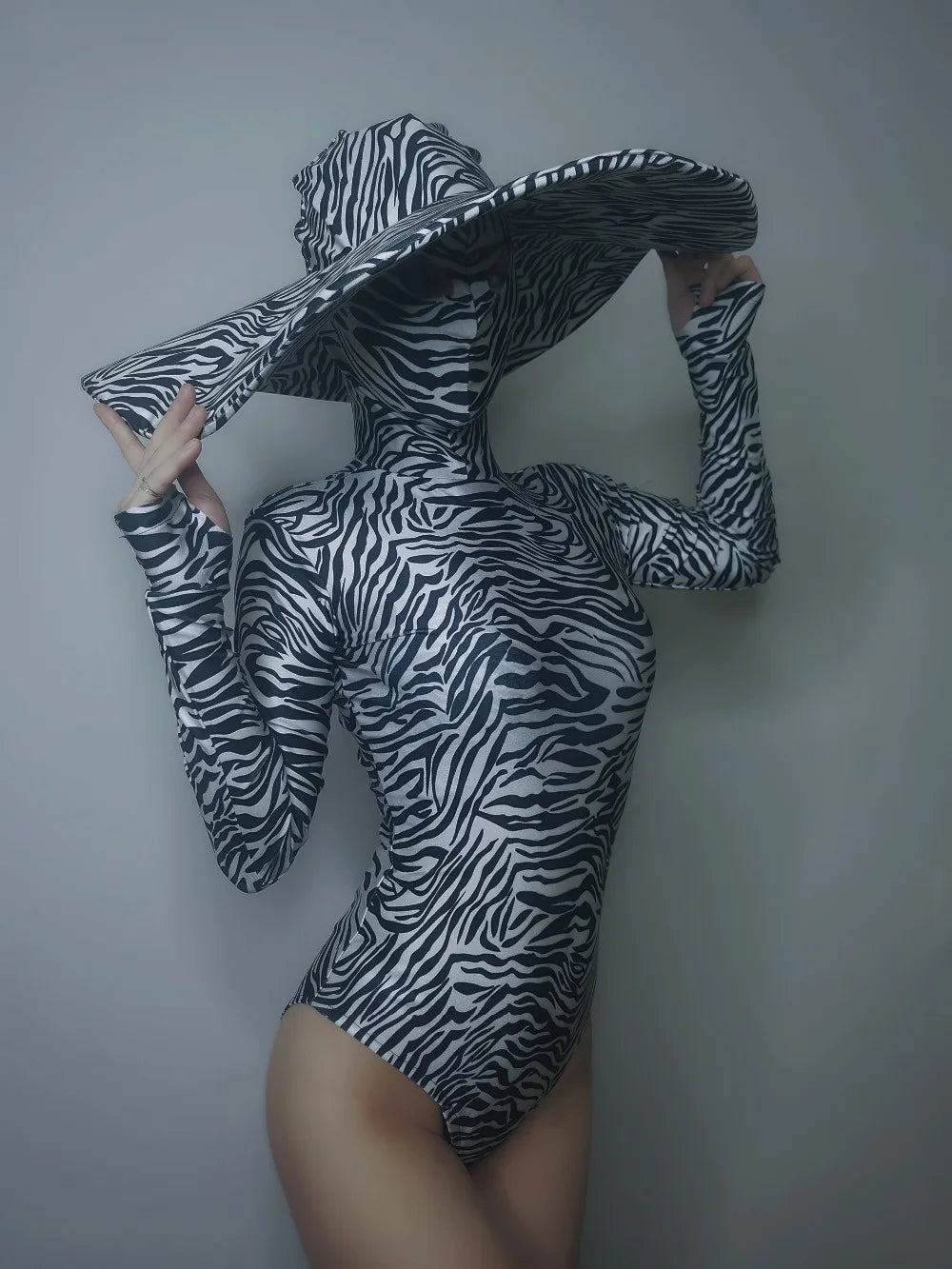 Zebra Stripe Cutout Bodysuit & Statement Big Hat 2-Piece Stage Dance Costume Set