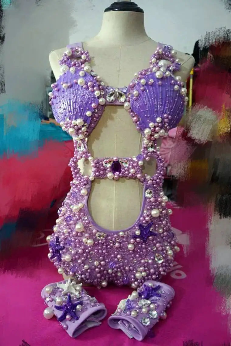 Purple Pearl Shell Crystal Bodysuit & Sheer Skirt 3-Piece Ocean Stage Costume Set