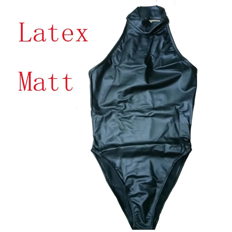High Cut Halter Neck Shiny PVC & Matte Latex Stage Dance Bodysuit Costume