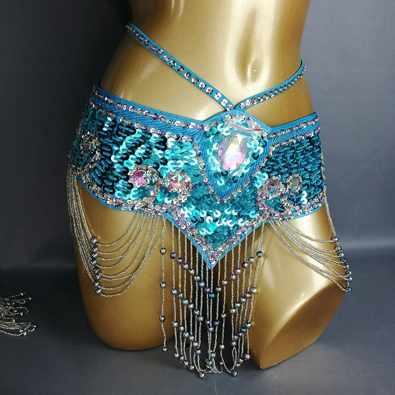 Sparkly Sequin Belly Dance Hip Scarf Wrap Belt with Beaded Tassel Waist Chain